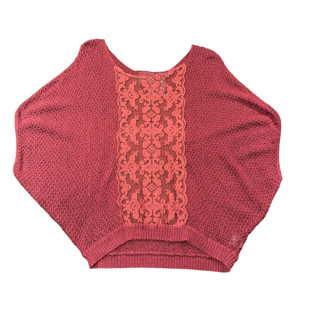 Free People Maroon Loose Knit Metallic Shimmer Lace Batwing Poncho Sweater L NWT